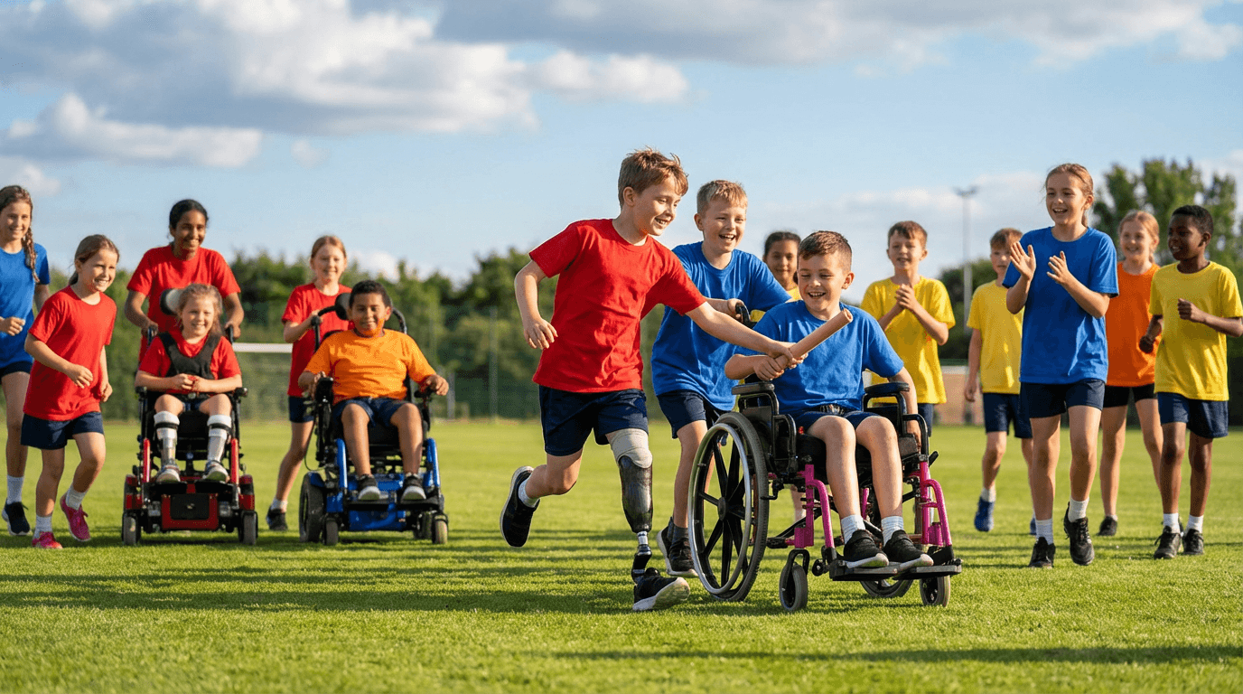 Diverse children including those with disabilities playing sports together on a sunny field